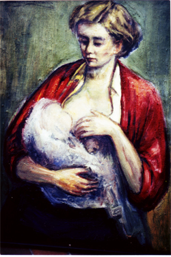 Schilderij van Rosalie die een kind aan haar borst voedt
